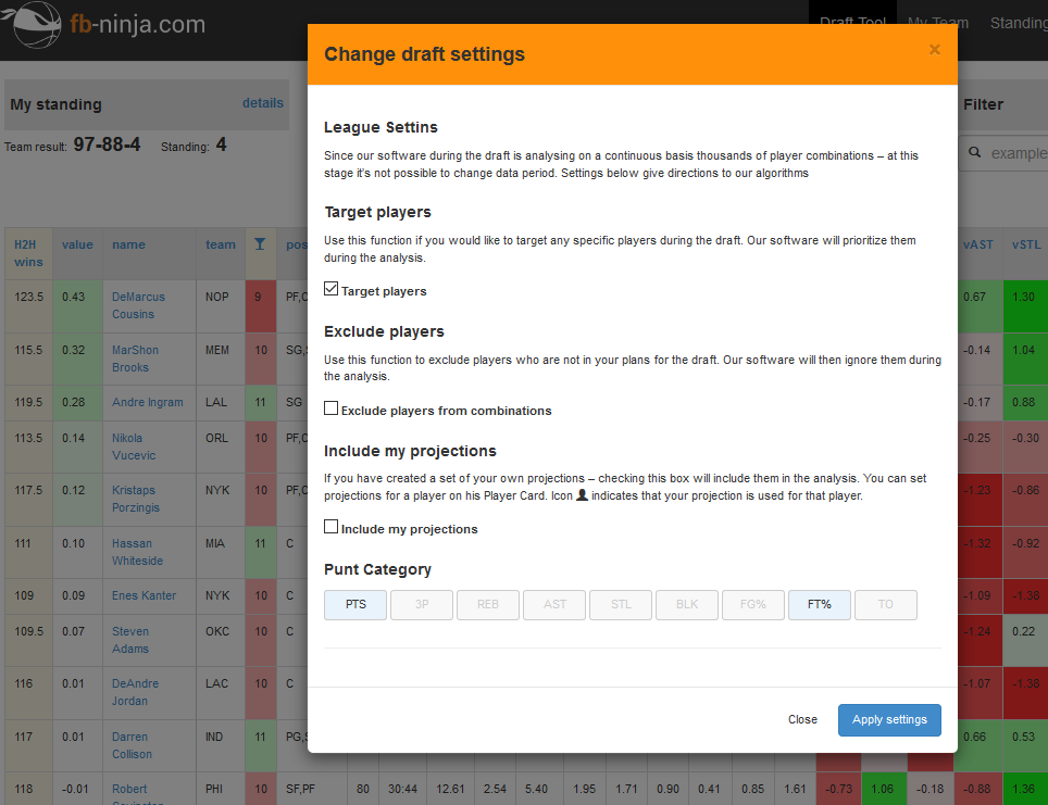 Draft Tool for fantasy basketball